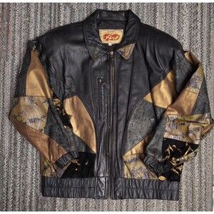 Vintage 1980s Avanti Leather Jacket Womens L Firo Bomber Patchwork Full Zip Moto